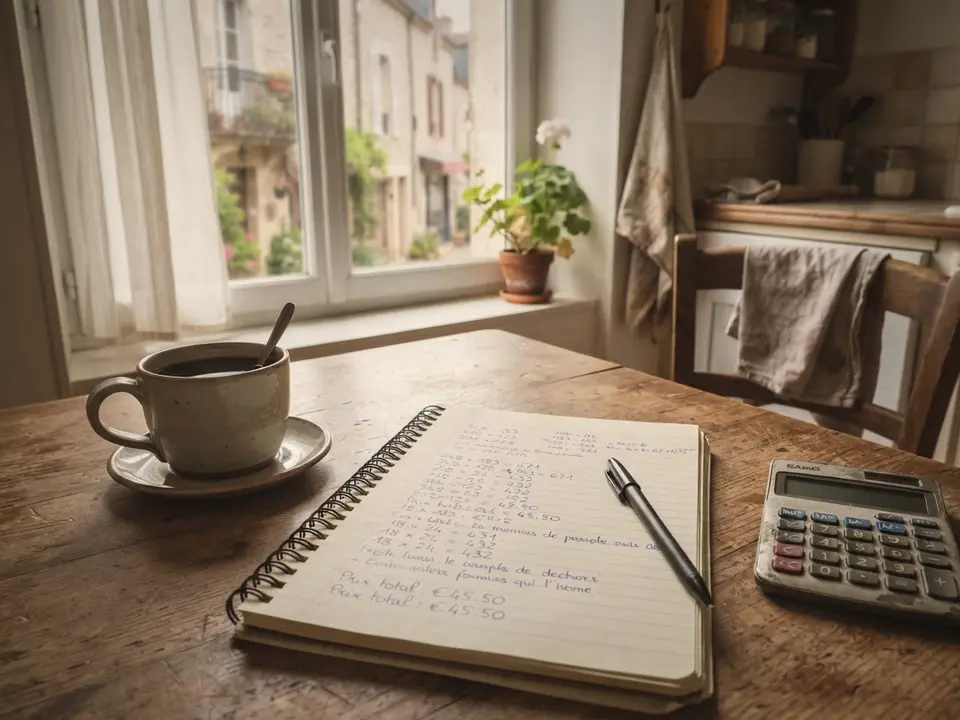Mon bureau du dimanche matin : café, carnet et calculette.